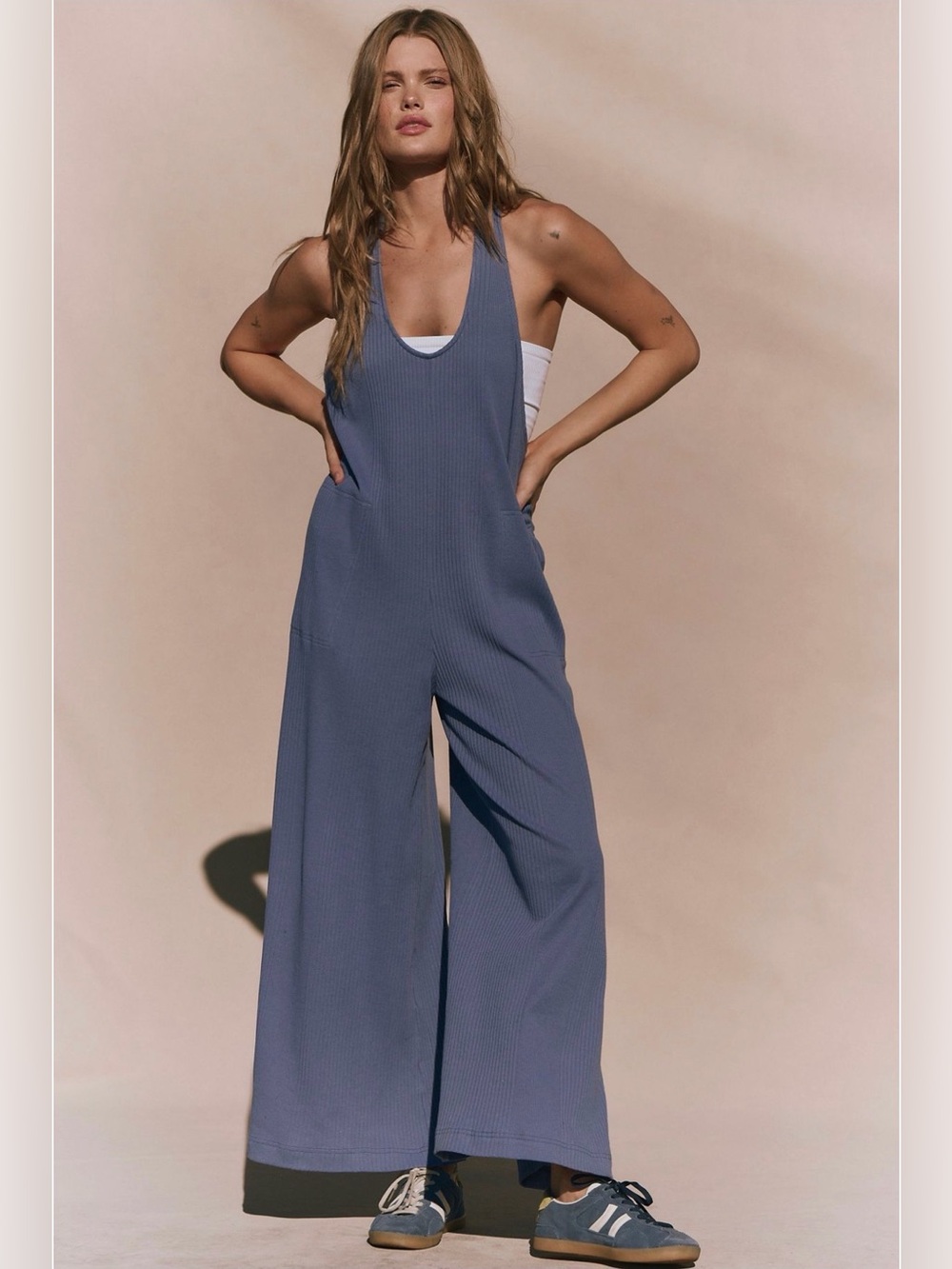 NWT Free People Zena Ribbed Wide Leg one piece Jumpsuit Blue | Size Small